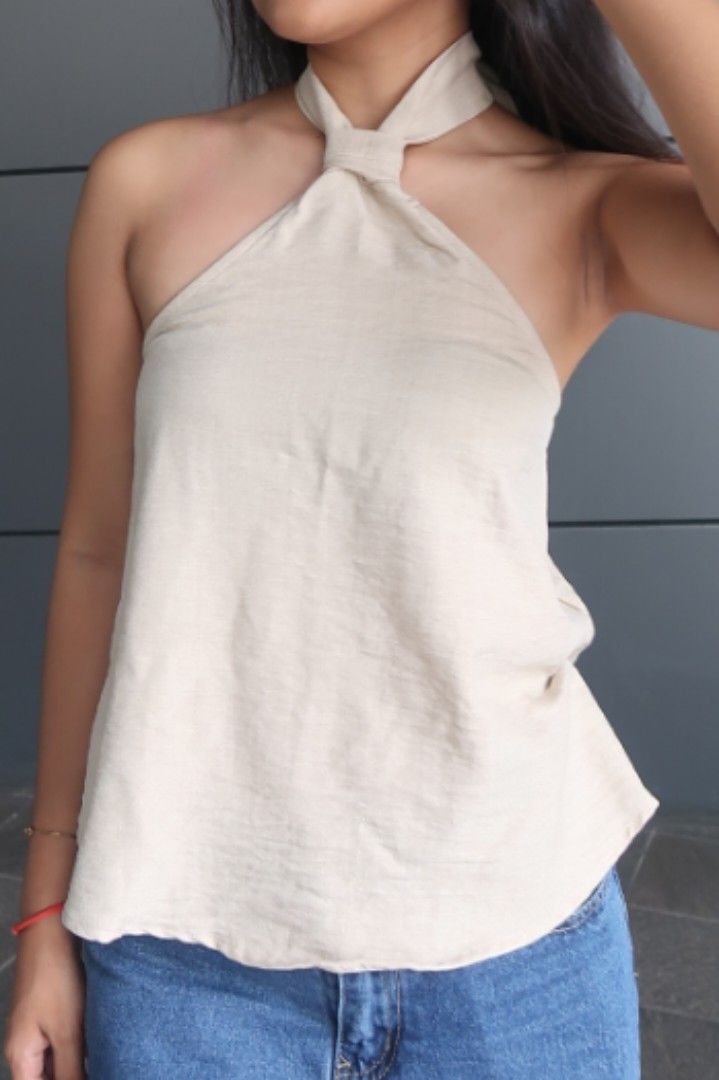 Beige Linen Halter Neck Top (Category: Sleeveless) located in Manila. Submitted by shop.airens (Listing ID 1469431392, Image 1). Description: fits xs-small.