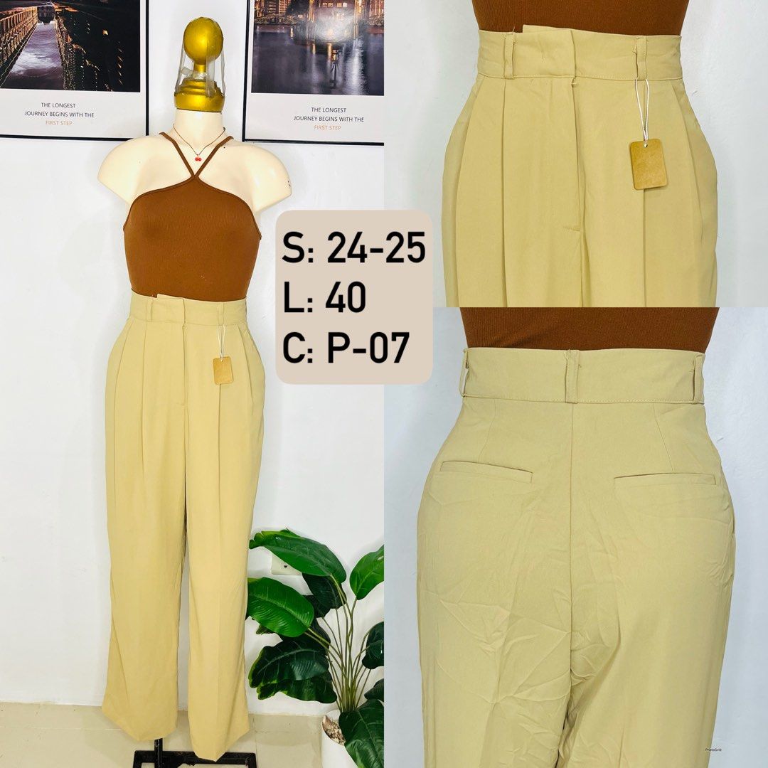 Beige Trousers Pants | Size 24-25 (Category: Trousers) located in Manila. Submitted by bengirlclothing (Listing ID 1469485870, Image 1). Description: - Color: Classic Beige - Fit: High-waist with straight leg - Details: Front pleats, belt loops, and two back pockets with welt detailing - Condition: Brand new with tag attached - Style: Clean, structured, and versatile for work or casual wear.