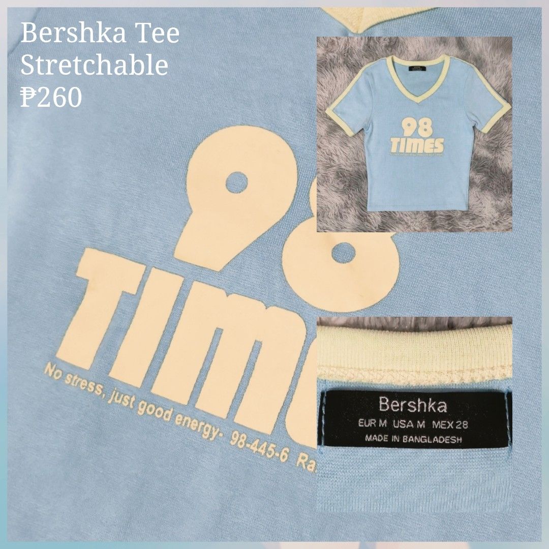 Bershka Tee (Category: Shirts) located in General Trias. Submitted by relove_closet8 (Listing ID 1469554286, Image 1). Description: • Washed and never used. •Form-fitting • Stretchable • Trendy design • Buyer handles shipping fee and book J&T or Lalamove only. • Payment first via bank transfer or e-wallet • No cancellation/return/refund of orders. 📍Lancaster, General Trias (Weekdays) 📍Las Piñas (Saturday & Sunday).