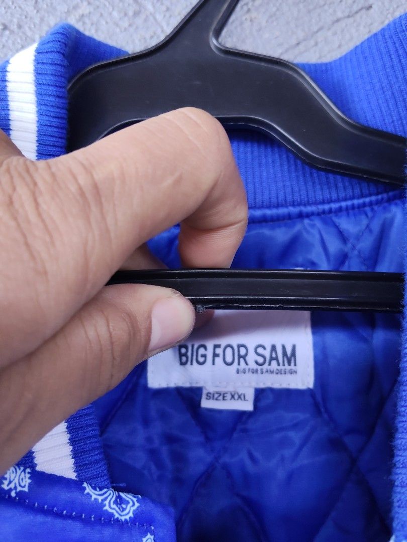 BIG FOR SAM Blue Bandana Print Bomber Varsity Jacket (Category: Coats, Jackets and Outerwear) located in Manila. Submitted by juanpablor51788 (Listing ID 1469490125, Image 2). Description: - Style: Bold street style royal blue jacket - Print: All-over classic bandana paisley print - Closure: Snap button front - Trim: Striped ribbed collar, cuffs, and hem - Comfort: Quilted inner lining for extra warmth - Size: XXL -best fit to xl .