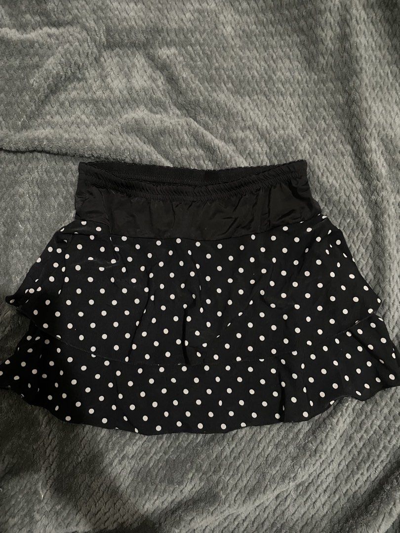 Black and white polka dot layered skirt (Category: Skirts) located in Quezon City. Submitted by 243__ (Listing ID 1469486378, Image 1). Description: - Style: Fun and playful tiered ruffle skirt - Pattern: Classic white polka dots on black - Waistband: Comfortable solid black elastic - Versatility: Easy to style with casual tees or tanks - Condition: Brand new / Excellent.