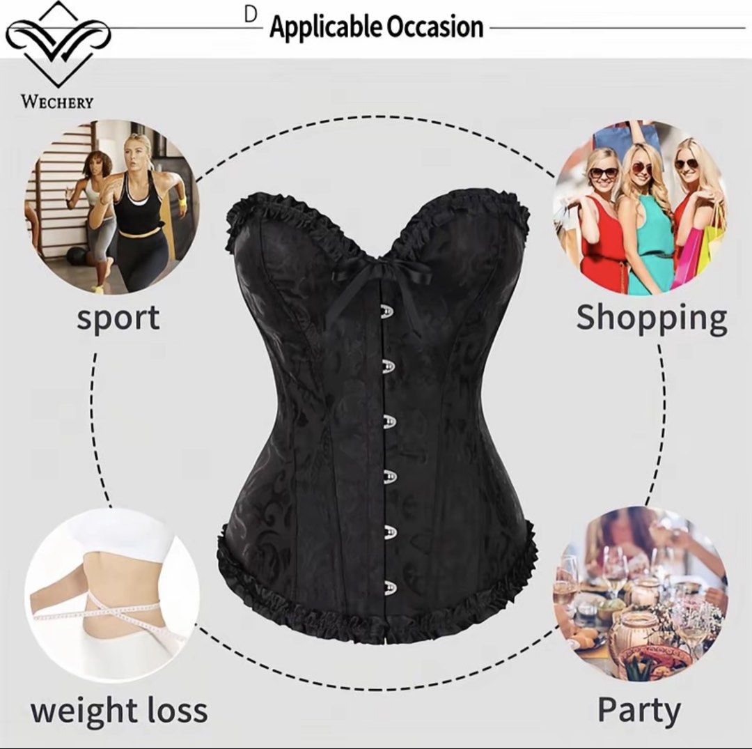 Black Corset (Category: Sleeveless) located in Manila. Submitted by mlnflrs (Listing ID 1469529869, Image 1). Description: - Brand: Wechery - Style: Black jacquard corset with vintage/goth vibe - Details: Sweetheart neckline, ruffled trim, front bow, and bottom ruffles - Closure: Front metal busk - Fit: Solid construction and structured fit - Versatility: Great for parties, shopping, workouts, or waist training - original price: 700.