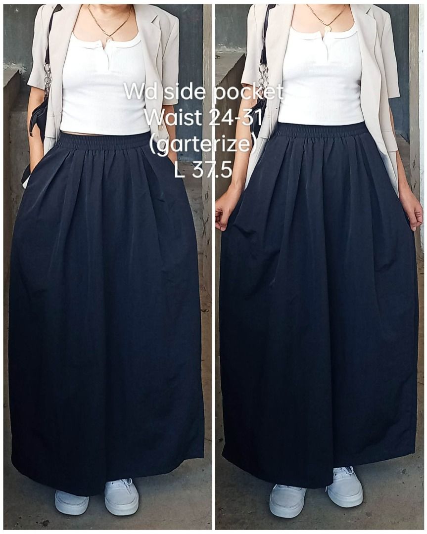 Black flowy maxi skirt (Category: Skirts) located in Davao. Submitted by irisrazona16792 (Listing ID 1469427402, Image 1). Description: Wd side pocket Waist 24-31 (garterize) L 37.5 mall quality.