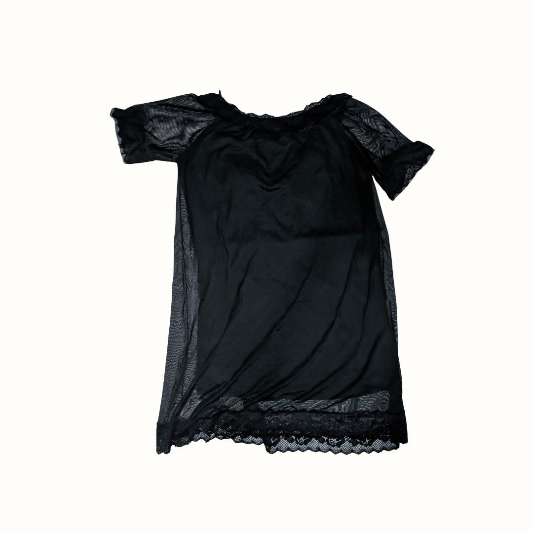 Black Lace Sheer Mesh Nightdress (Category: Dresses) located in General Trias. Submitted by kgrvnt (Listing ID 1469534078, Image 2). Description: - used once - loose - ruffled lace neckline and flutter sleeves - scalloped lace hem - can be styled (see 6th photo) dimensions: length: 33 in inner lining length: 26.5 in width: 20 in sleeves: 11 in tags: black night dress gown lace goth halloween fashion.