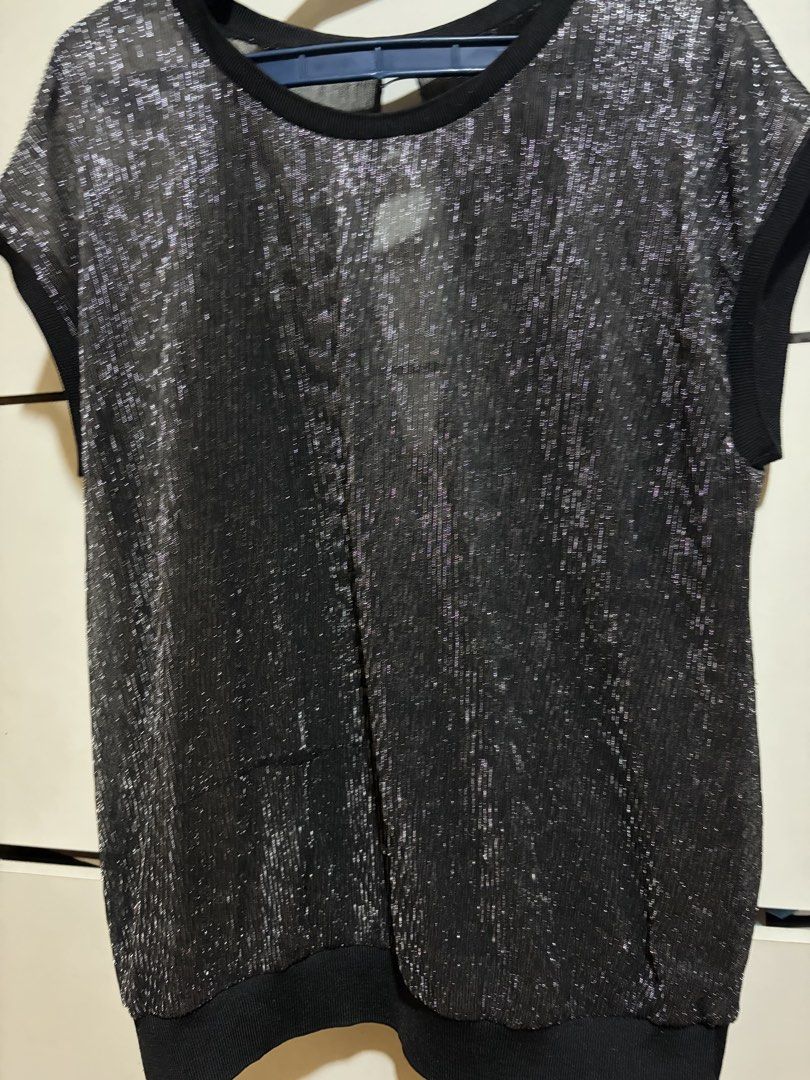 Black Silver Metallic Shimmer Open Back Blouse Top (Category: Blouses) located in Siquijor. Submitted by yhostuff (Listing ID 1469498722, Image 3). Description: - Color & Detail: Black with woven silver shimmer threads - Design: Short cap sleeves, ribbed neckline/cuffs/hem, and back overlap wrap with teardrop cutout - Fabric: Lightweight and semi-sheer - Style: Perfect going-out top for parties and dates 📌 great for evening event /night out. .