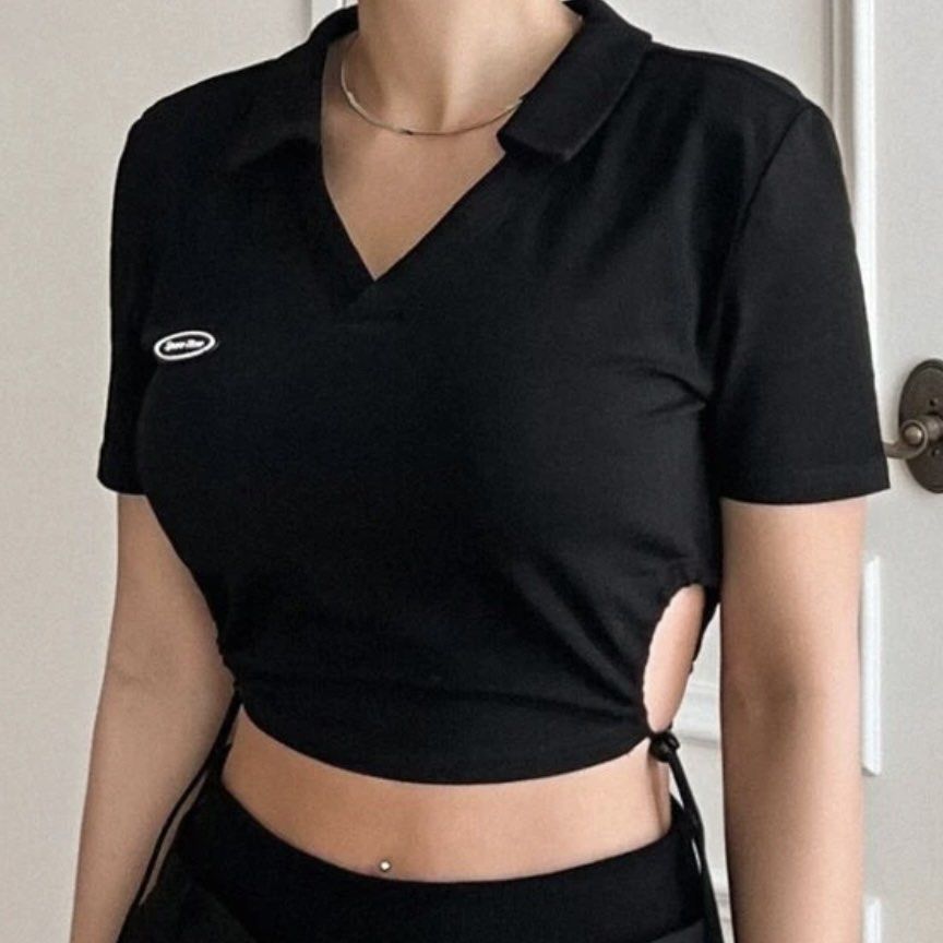 Black V-Neck Polo Crop Top with Side Cutouts (Category: Shirts) located in Paranaque City. Submitted by gabbisells (Listing ID 1469551124, Image 1). Description: Message if you want more photos!.