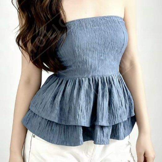Blue Strapless Ruffled Double-Layer Peplum Tube Top (Category: Sleeveless) located in Paranaque City. Submitted by gabbisells (Listing ID 1469553159, Image 1). Description: Message for more photos!.