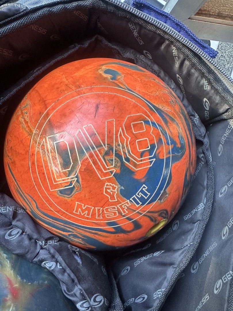 Bowling set (Category: Billiards and Bowling) located in Caloocan City. Submitted by jhk2922 (Listing ID 1469400586, Image 3). Description: - Genesis 3-ball roller bag with smooth-working zippers and retractable handle - DV8 Misfit bowling ball (orange and blue) with finger inserts (10lbs) - Maxim bowling ball (red and gold) with finger inserts (11lbs) - Storm Reign On bowling ball (purple and grey) with finger inserts (11lbs) - Normal surface sc