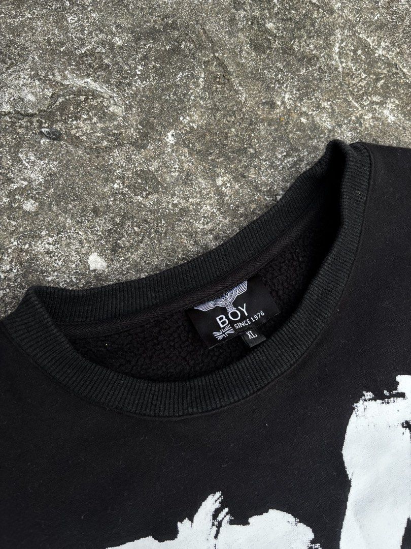 BOY London Black Paint Splatter Eagle Sweatshirt (Category: Coats, Jackets and Outerwear) located in Caloocan City. Submitted by neweagle-424b (Listing ID 1469540895, Image 3). Description: best fit xl to 2xl W 24 x 27 L - Brand: Boy London - Style: Crewneck Sweatshirt - Color: Black - Size: XL (Relaxed Fit) - Design: Iconic brushstroke eagle graphic on chest with bold white lettering on sleeves - Interior: Soft fleece lining for warmth and comfo