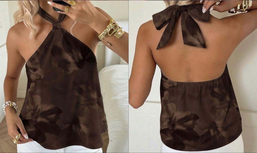 Brown Floral Halter Top with Back Bow (Category: Sleeveless) located in Batangas. Submitted by rachelmaloles (Listing ID 1469539759, Image 1). Description: - Color & Pattern: Brown with an all-over soft floral print - Design: Halter style with adjustable neck ties and an open-back design - Detail: Features a charming large ribbon bow at the back - Fit: Elastic hem for a comfortable and secure fit - Material: Lightweight, smooth satin-like fabric 