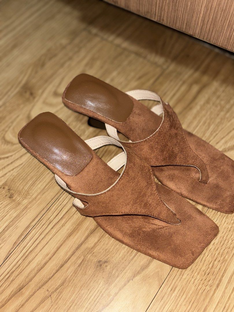 Brown Suede Square Toe Wedge Sandals Size 37 (Category: Flats & Sandals) located in Caloocan City. Submitted by shopmyclosetttttt (Listing ID 1469508994, Image 2). Description: - Size: EU 37 (23cm) - Material: Rich brown suede - Condition: Worn once, soles and heels look extremely clean with barely any scuffs - Design: Square toe with a unique sculptural heel and comfortable thong-style strap - Features: Supportive middle arch, stylish yet stable