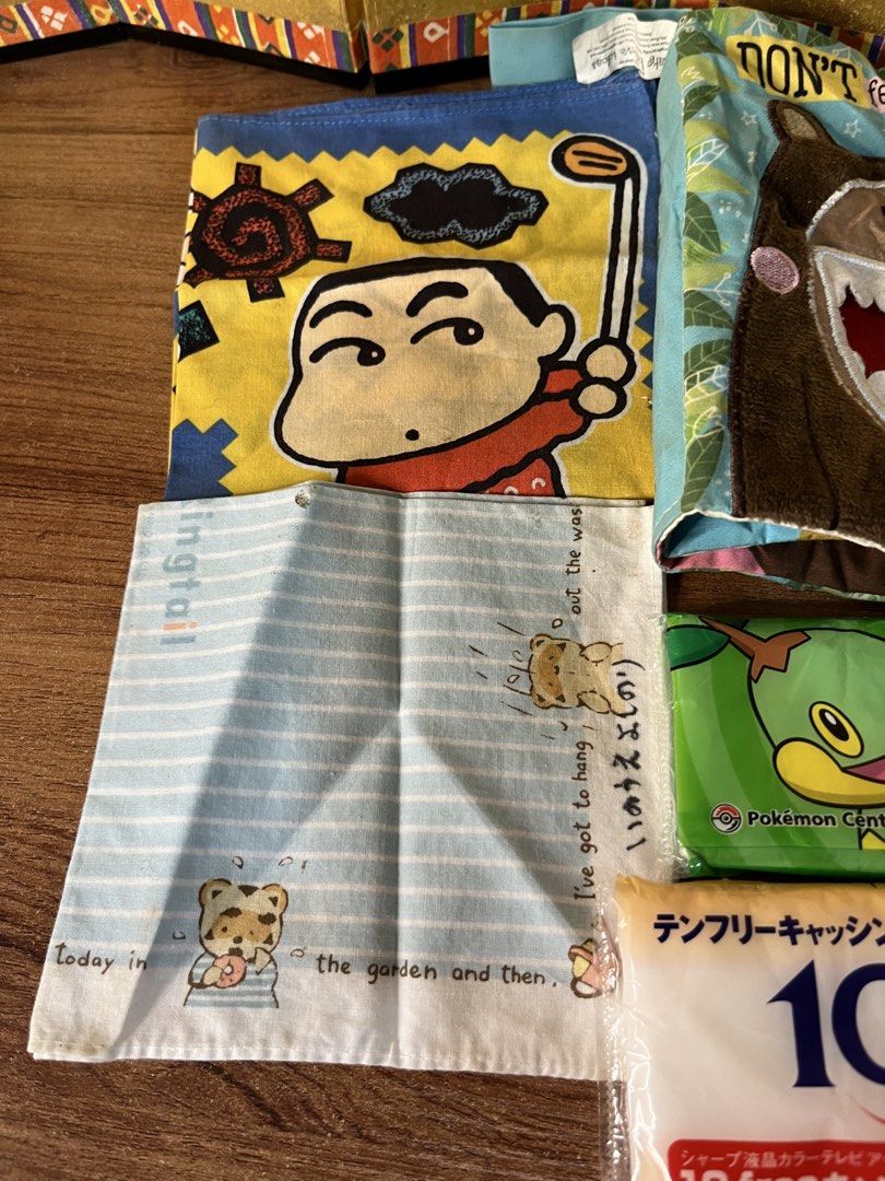 Bundle 4 Assorted Japanese Character Hand Towels and Pocket Tissues Bundle & More. (Category: Bedding & Towels) located in Gapan. Submitted by lunashop14 (Listing ID 1469418467, Image 2). Description: ₱50 take all Japan Message me - All-in-one cute and practical daily essentials bundle - Yellow Crayon Shin-chan hand towel - Blue striped animal towel - 'DON'T feed the BEAR' interactive cloth book - Green Pokémon Center tissue pack - 2 bonus promot