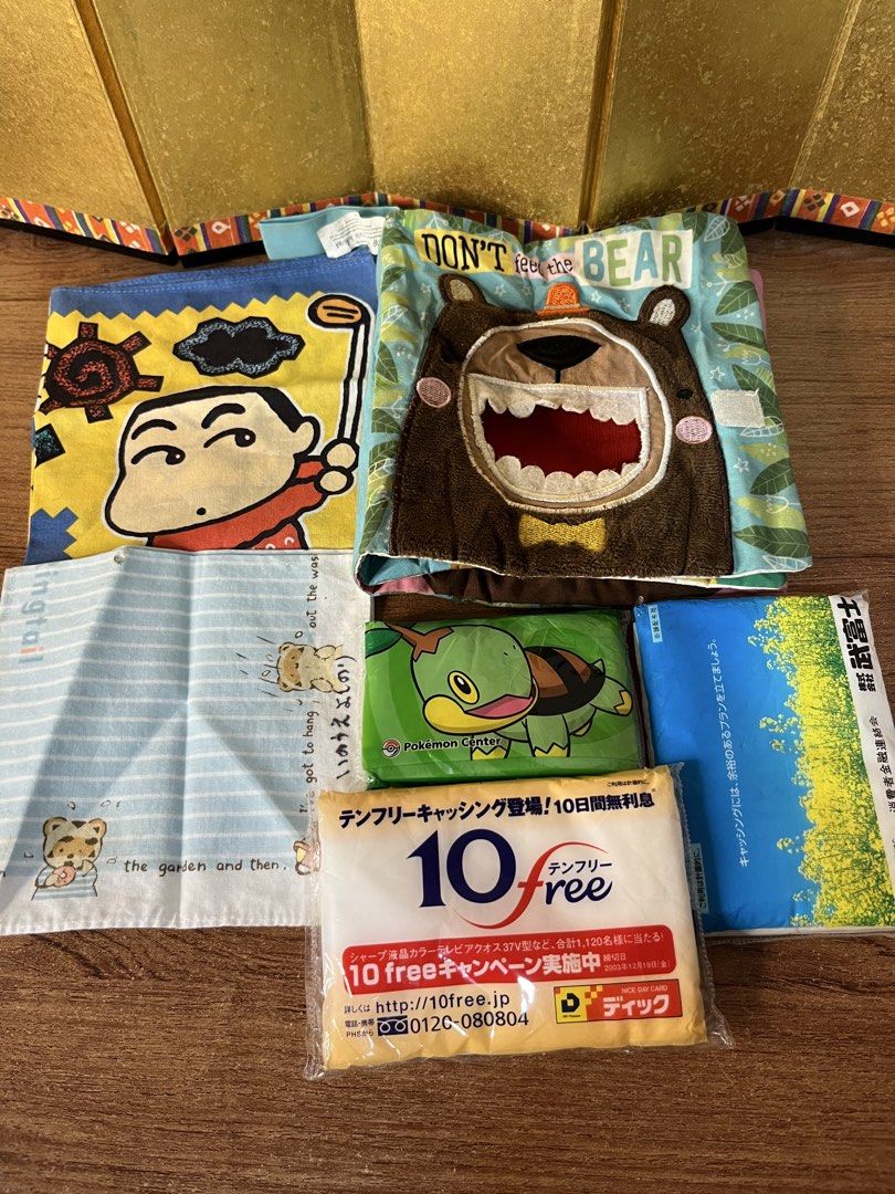 Bundle 4 Assorted Japanese Character Hand Towels and Pocket Tissues Bundle & More. (Category: Bedding & Towels) located in Gapan. Submitted by lunashop14 (Listing ID 1469418467, Image 1). Description: ₱50 take all Japan Message me - All-in-one cute and practical daily essentials bundle - Yellow Crayon Shin-chan hand towel - Blue striped animal towel - 'DON'T feed the BEAR' interactive cloth book - Green Pokémon Center tissue pack - 2 bonus promot