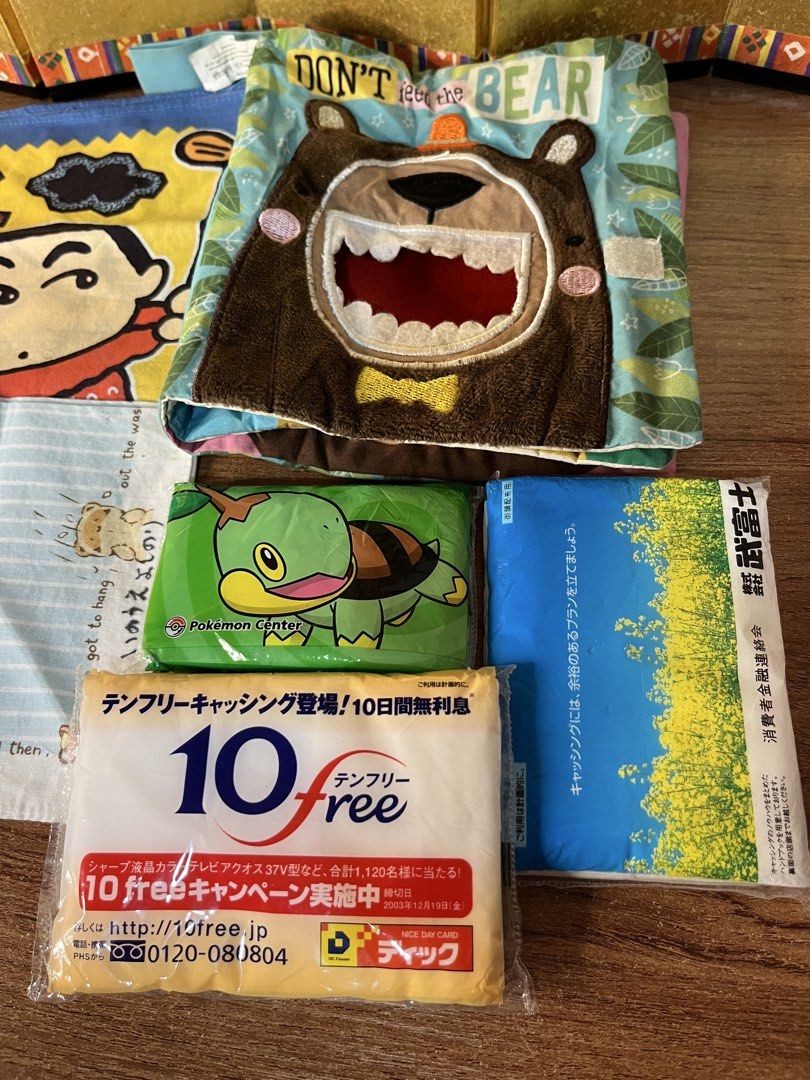 Bundle 4 Assorted Japanese Character Hand Towels and Pocket Tissues Bundle & More. (Category: Bedding & Towels) located in Gapan. Submitted by lunashop14 (Listing ID 1469418467, Image 3). Description: ₱50 take all Japan Message me - All-in-one cute and practical daily essentials bundle - Yellow Crayon Shin-chan hand towel - Blue striped animal towel - 'DON'T feed the BEAR' interactive cloth book - Green Pokémon Center tissue pack - 2 bonus promot