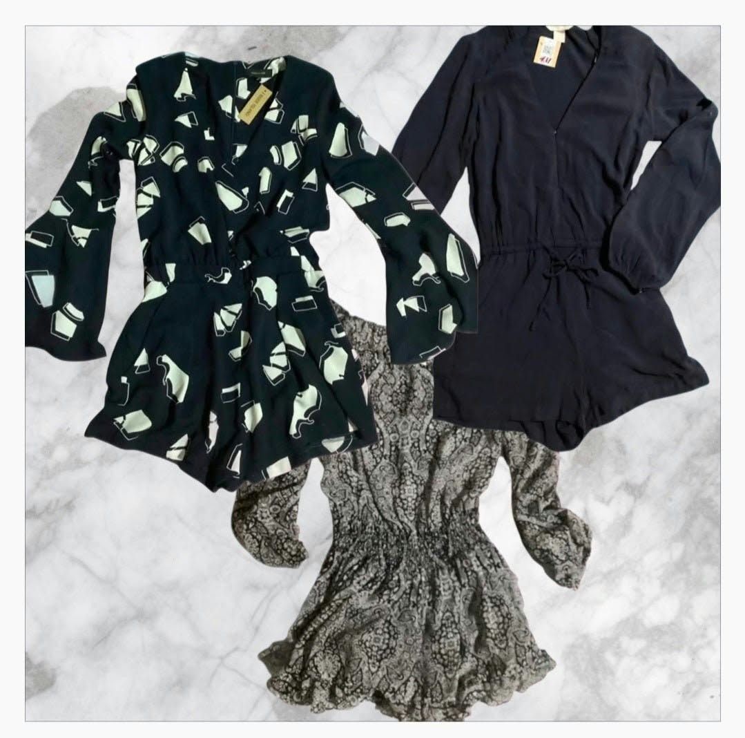 Rompers Playsuits H&M River Island Olivaceous (Category: Rompers) located in Paranaque City. Submitted by calm_youngstore7 (Listing ID 1469443648, Image 2). Description: -SALE ON ROMPERS AND PLAYSUITS! 70% OFF RETAIL! ₱899 EACH stylish long-sleeve rompers - Brands included: H&M, River Island, and Olivaceous - Pieces: Solid dark navy blue tie-waist, bold black & white abstract print, and grey paisley pattern - Variety of necklines from scoop to V-