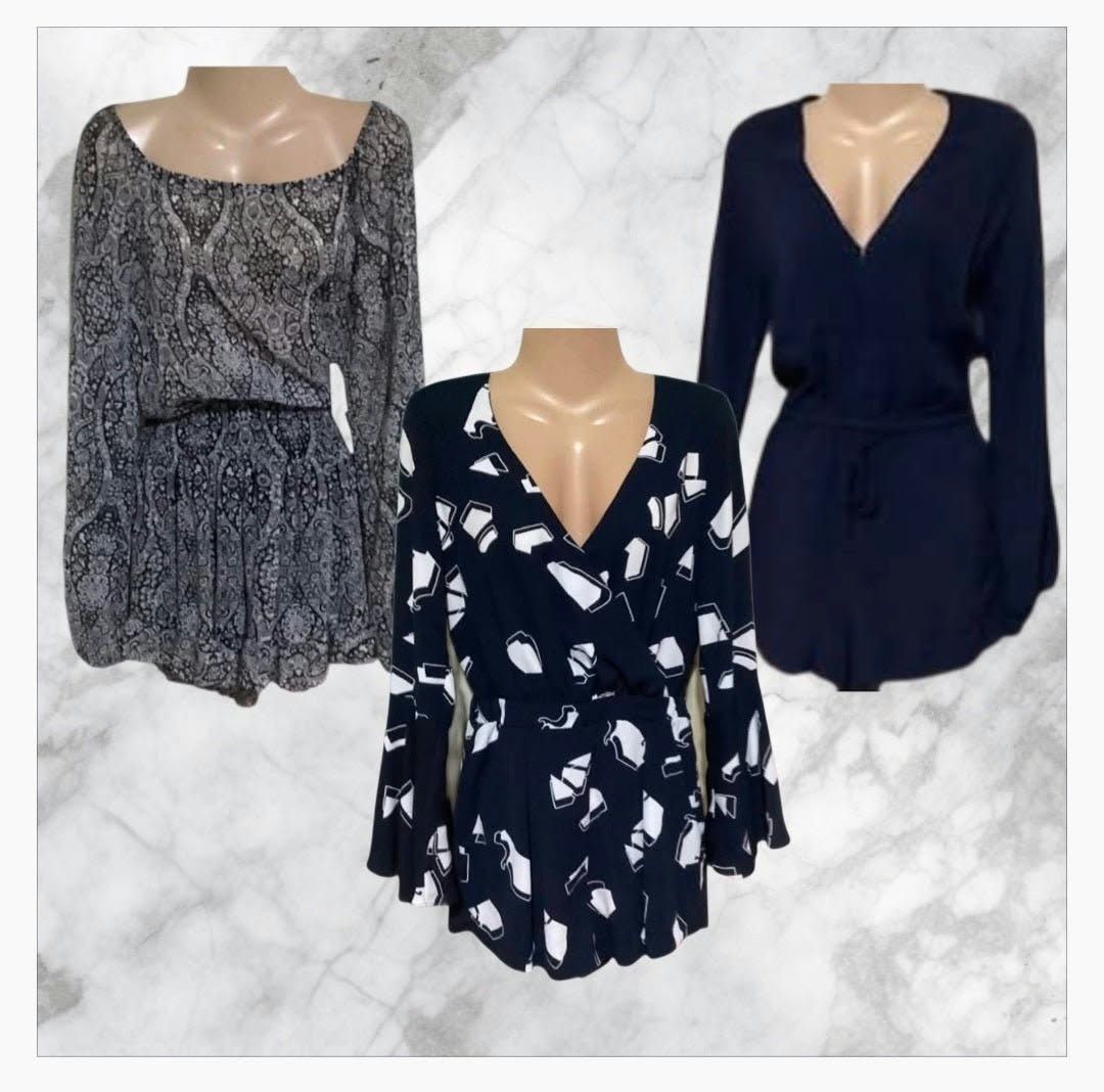 Rompers Playsuits H&M River Island Olivaceous (Category: Rompers) located in Paranaque City. Submitted by calm_youngstore7 (Listing ID 1469443648, Image 1). Description: -SALE ON ROMPERS AND PLAYSUITS! 70% OFF RETAIL! ₱899 EACH stylish long-sleeve rompers - Brands included: H&M, River Island, and Olivaceous - Pieces: Solid dark navy blue tie-waist, bold black & white abstract print, and grey paisley pattern - Variety of necklines from scoop to V-