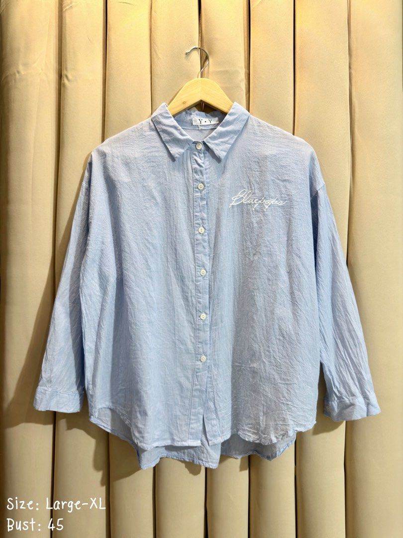 BUTTON-UP LONG SLEEVE SHIRT (Category: Longsleeves) located in Manila. Submitted by glamstylemnl (Listing ID 1469476808, Image 1). Description: ♡ SIZE: L-XL ♡ BUST: 45 ♡ Swipe left to see the actual color & details ♡ with white cursive embroidery on the left chest ♡ HQ • 10/10 ♡ Ready to wear 👚.