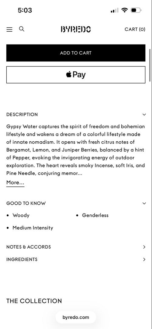 Byredo Gypsy Water Eau De Parfum 50ml (Category: Fragrance & Deodorants) located in Caloocan City. Submitted by mikhacastillo_ (Listing ID 1469475929, Image 3). Description: - Brand: Byredo - Fragrance: Gypsy Water Eau de Parfum - Size: 50ml - Condition: Brand new, sealed in original textured white packaging box - Scent Profile: Woody with top notes of bergamot, lemon, pepper, and juniper berries; heart notes of incense, pine needle, and iris - I