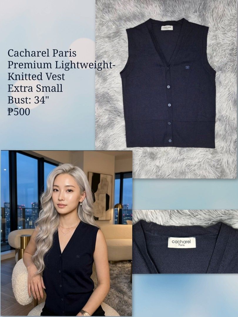 Cacharel Paris Knitted Vest (Category: Sleeveless) located in General Trias. Submitted by relove_closet8 (Listing ID 1469553119, Image 1). Description: • Washed and never used. • Premium lightweight knitted fabric. • Buyer handles shipping fee and book J&T or Lalamove only. • Payment first via bank transfer or e-wallet • No cancellation/return/refund of orders. 📍Lancaster, General Trias (Weekdays) 📍Las Piñas (Saturday & Sunday).