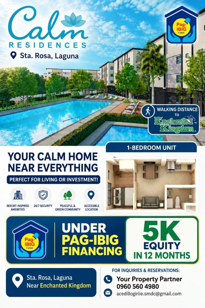 Calm Residences - near Enchanted Kingdom (Category: Apartments & Condos) located in San Pablo. Submitted by girlie-acedilloarevalo1987 (Listing ID 1450082613, Image 1). Description: DESCRIPTION 🌿 Calm Residences Mid Rise Condo (4 Floors) in Brgy. Balibago Road,Pulong Sta. Cruz, Santa Rosa City, Laguna walking distance in Enchanted Kingdom and near Nuvali DSHUD PLS No. 380-387, 449-457 💸30k to Reserve For as low as 5,000 monthly equity for 1BR u