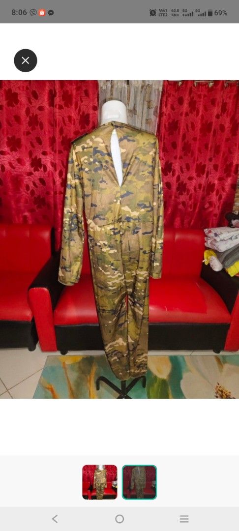 Camouflage Print Long Sleeve Jumpsuit (Category: Babies & Kids Fashion) located in Manila. Submitted by duffy-080 (Listing ID 1469394220, Image 2). Description: - Style: Camouflage print long-sleeve jumpsuit with matching top and pants - Pattern: Green and brown army print - Fit & Comfort: Full-length style made from stretchy, easy-to-pull-on fabric - Details: Chic cutout detail at the back neck - Versatility: Great costume option or statement lo