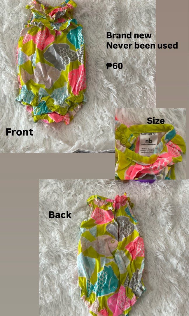 Carter's Baby Romper NB Fish Pattern (Category: Babies & Kids Fashion) located in Cainta. Submitted by linelle. (Listing ID 1469442303, Image 1). Description: - Brand: Carter's - Size: Newborn (Never used) - Design: Colorful fish pattern (lime green, pink, and blue) - Details: Cute ruffles along the neckline and shoulder straps - Convenience: Snaps at the bottom and back for quick diaper changes and dressing.