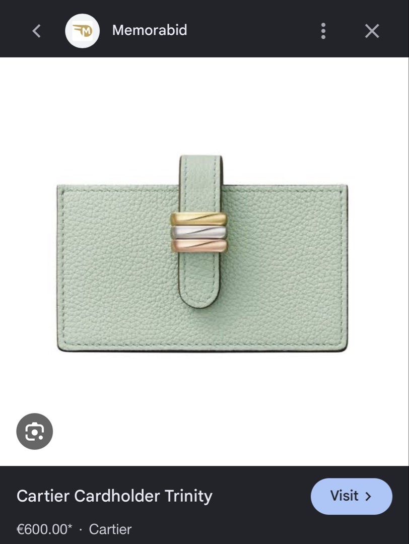 Cartier Trinity Cardholder Mint Green (Category: Luxury Bags & Wallets) located in Taal. Submitted by yanniyana (Listing ID 1469440100, Image 2). Description: - Brand: Cartier - Material: Mint green grained calfskin - Hardware: Iconic Trinity interlocking rings in yellow, white, and rose gold - Closure: Strap closure with Trinity detail - Use: Compact everyday luxury accessory for cards and cash - Inclusions: Original Cartier red presentation box