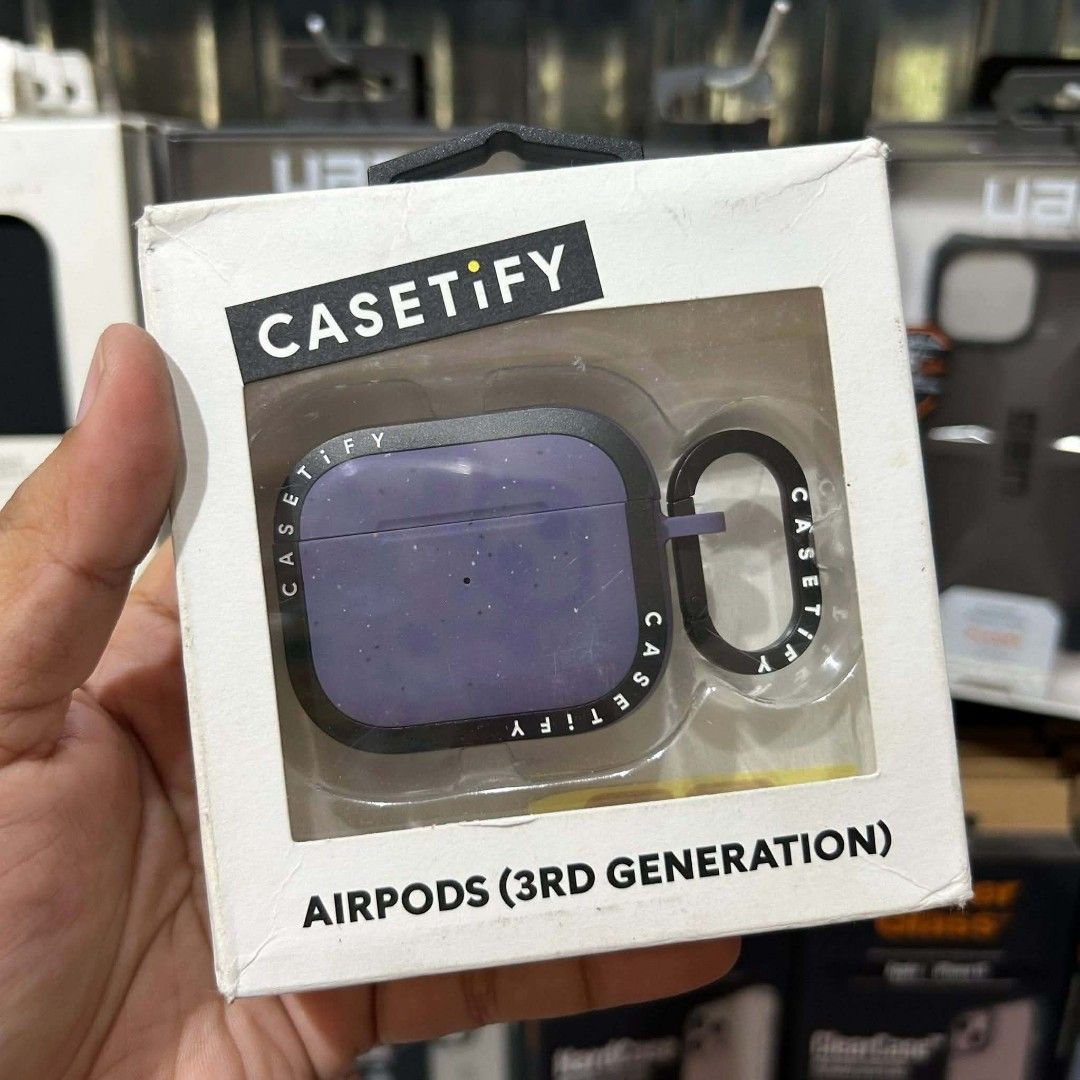 CASETiFY AirPods 3rd Generation Case with Carabiner (Category: Cases & Sleeves) located in Las Pinas. Submitted by raebelran (Listing ID 1469455205, Image 3). Description: - Brand: CASETiFY - Compatibility: AirPods 3rd Generation - Design: Trendy speckled pattern with printed frame branding - Inclusions: Matching carabiner clip and original retail box - Condition: Excellent, ready for use.