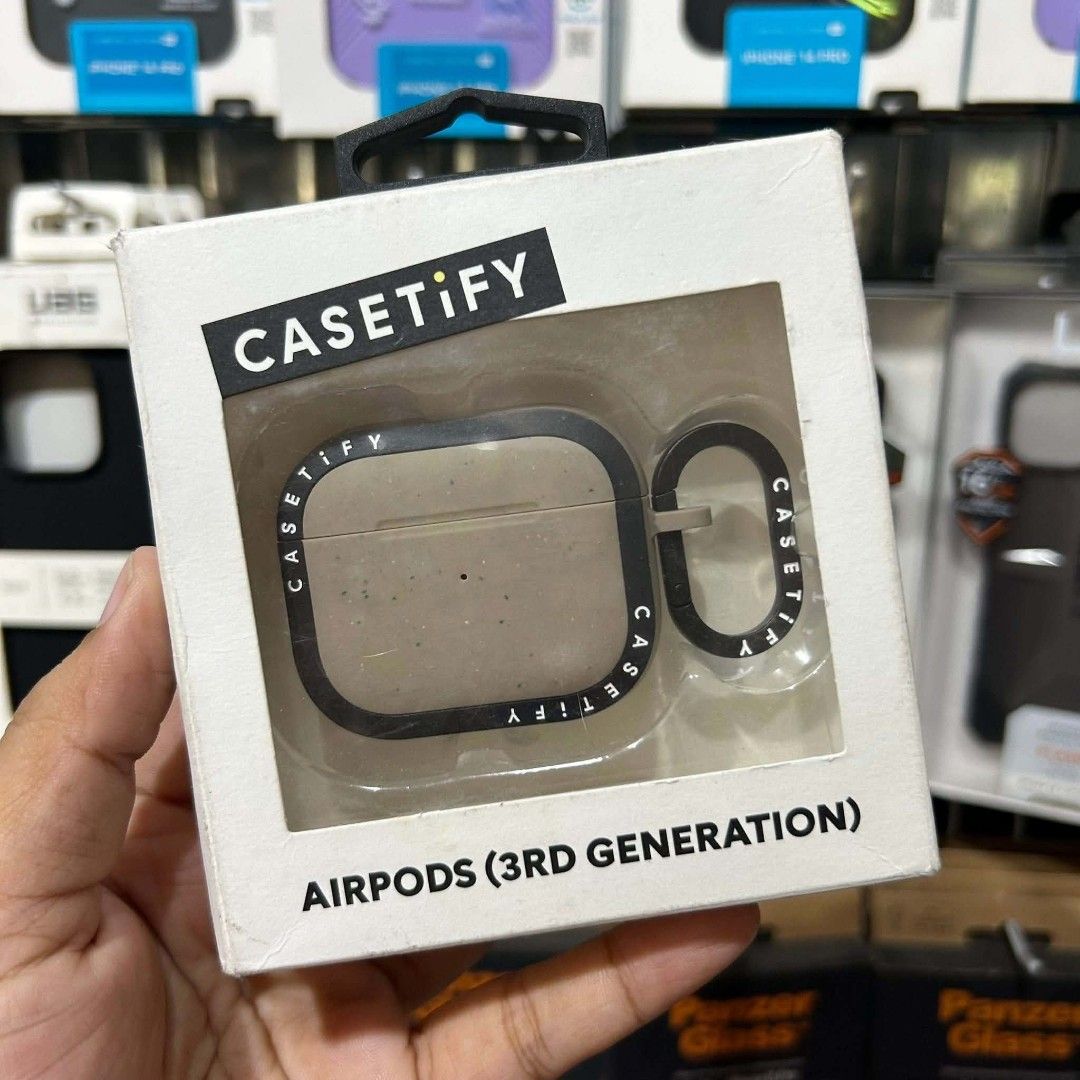 CASETiFY AirPods 3rd Generation Case with Carabiner (Category: Cases & Sleeves) located in Las Pinas. Submitted by raebelran (Listing ID 1469455205, Image 2). Description: - Brand: CASETiFY - Compatibility: AirPods 3rd Generation - Design: Trendy speckled pattern with printed frame branding - Inclusions: Matching carabiner clip and original retail box - Condition: Excellent, ready for use.