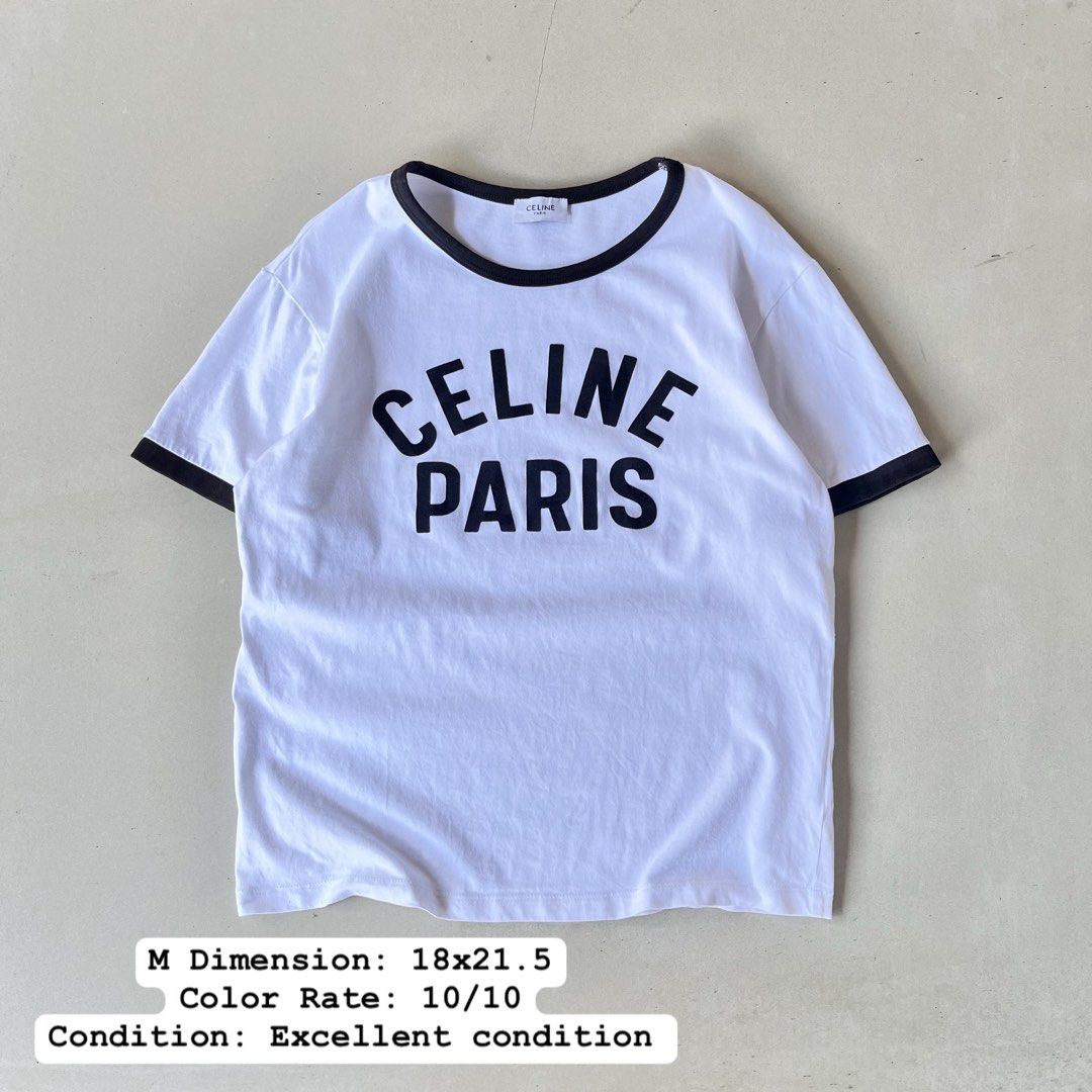 Celine Paris White Black Ringer Tee Size M (Category: Shirts) located in Mandaue City. Submitted by chinsyap_03 (Listing ID 1469465935, Image 1). Description: - Brand: Celine - Color: White with black trim - Design: Bold black logo graphics with Triomphe motif and Paris lettering - Size: M - Measurements: 18" (width) x 21.5" (length) - Material: 100% cotton - Details: Classic crewneck, includes inner brand tags and care label.