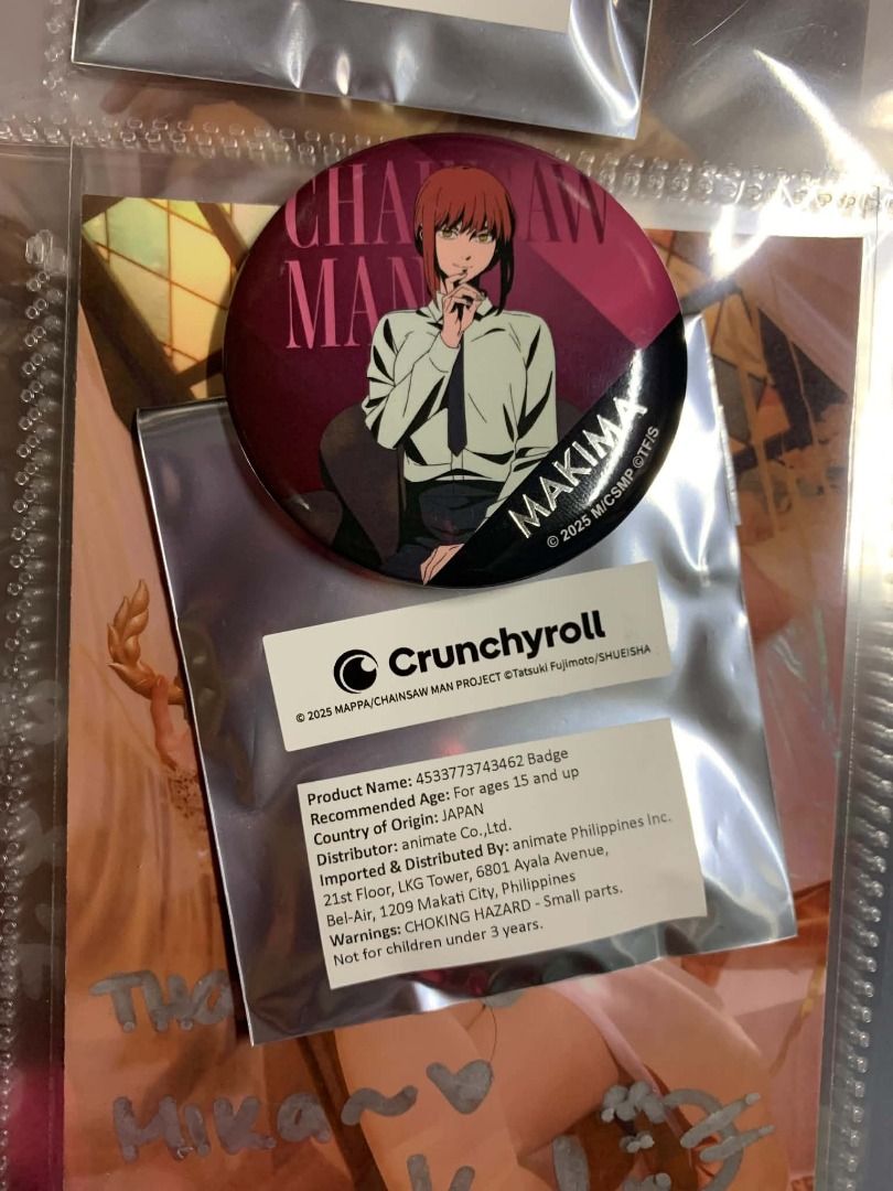 Chainsaw Man Makima Crunchyroll Badge (Category: Character Goods) located in Manila. Submitted by mikanaomi (Listing ID 1469548840, Image 1). Description: PLEASE READ! Details: - Bought from Animate Manila - Official Chainsaw Man anime merchandise - Brand new, only checked who were the characters Original Price: Php 283.10(was discounted) Selling Price: Php 250 Reason for selling: Want Angel Devil. Can be also open to trades to Angel Devil Offici