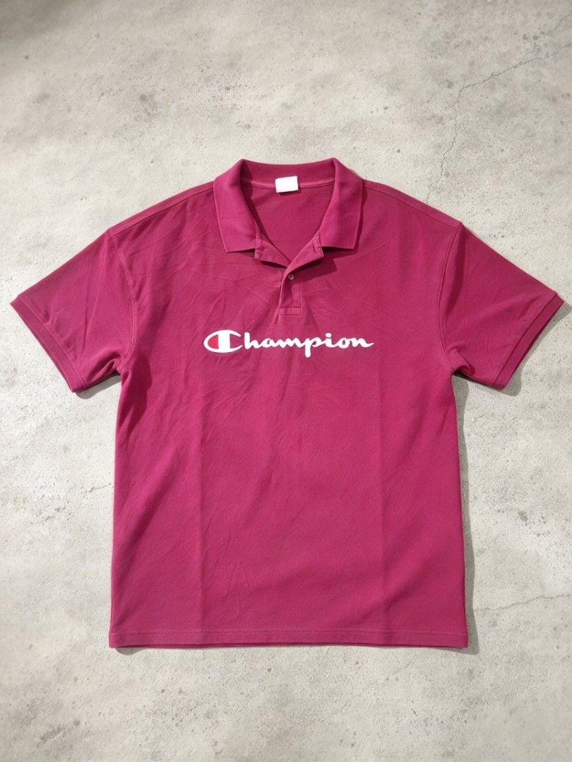 Champion script logo polo shirt maroon (Category: Tshirts & Polo Shirts ) located in Manila. Submitted by nisayy13 (Listing ID 1469512060, Image 1). Description: - Brand: Champion - Color: Maroon - Design: Large script logo across the chest - Material: Breathable cotton pique fabric - Fit: Standard fit with short sleeves, ribbed cuffs, and straight hem - Details: Classic collar with single visible button placket - Condition: Clean look, easy to s