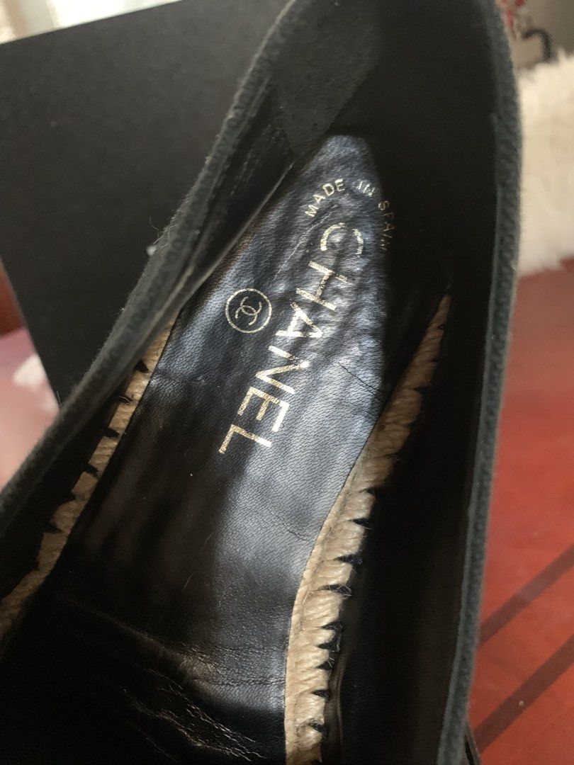 Chanel Black Espadrilles Size 38 (Category: Flats & Sandals) located in Paranaque City. Submitted by declutterby4angels (Listing ID 1469543932, Image 3). Description: - Brand: Chanel - Style: Quilted Fabric Espadrilles - Size: EU 38 - Color: Black with black toe cap - Details: Slip-on design, iconic embroidered CC logo, jute trim midsole - Origin: Made in Spain - Inclusion: Original box, dustbags, authenticity card - Condition: Excellent / Well-m