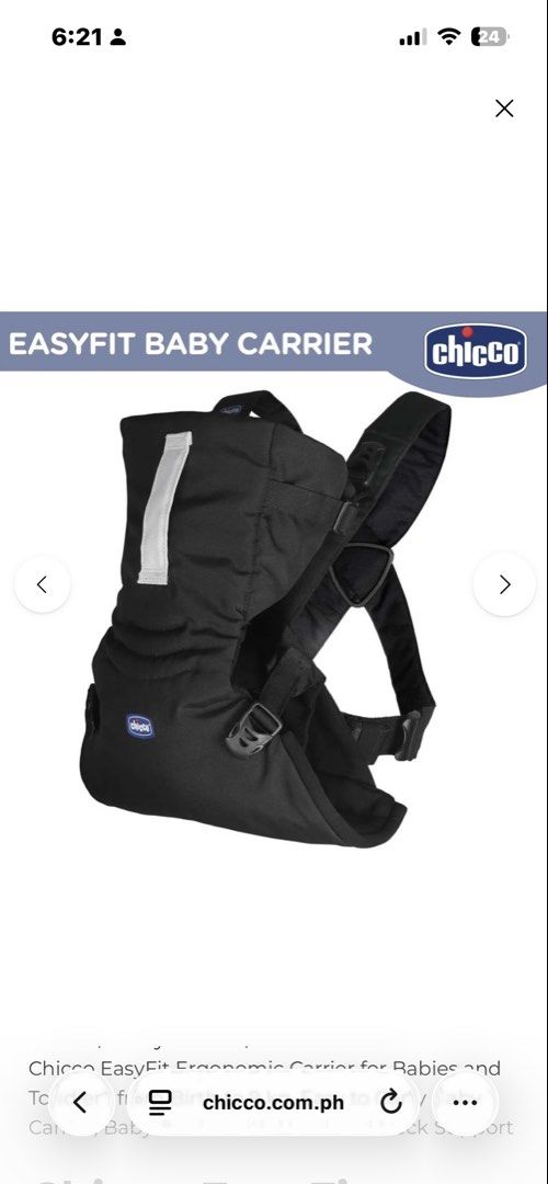 Chicco Black Baby Carrier (Category: Carriers & Slings) located in Manila. Submitted by mariamaria9007 (Listing ID 1466110471, Image 2). Description: - Color: Sleek Black - Brand: Chicco - Ideal for daily use - Adjustable shoulder straps and side buckles for a custom fit - Padded structure with secure clasps for baby's comfort and safety - Clean fabric, sanitized, and ready to use.