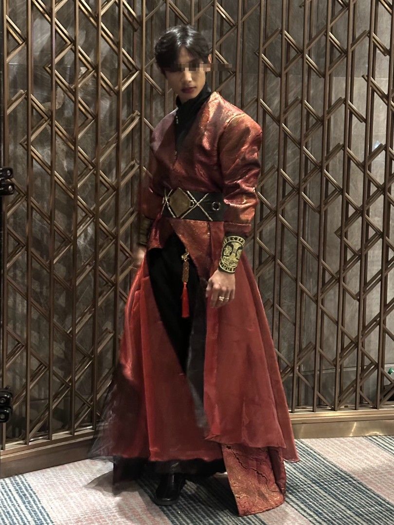 Custom-made chinese costume (Category: Traditional & Ethnic wear) located in Manila. Submitted by _mlb94 (Listing ID 1469499751, Image 1). Description: - Complete outfit set: red and gold patterned robe with sheer panels, black inner tunic, dark trousers, and wide waist belt - Accessories included: gold sleeve cuffs and decorative hanging tassel - Condition: Worn once only, clean with no tears or stains - Perfect for costumes, themed events, or p