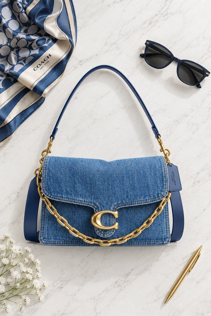 Coach Chain Tabby Shoulder Bag in Washed Denim (Category: Shoulder Bags) located in Cebu City. Submitted by relovedfinds.ph (Listing ID 1469429273, Image 1). Description: The Coach Chain Tabby Shoulder Bag in Washed Denim is a stylish statement piece featuring a beautiful blue denim finish with a clean, durable indigo texture. It is accented with premium gold hardware and a chunky gold chain for a luxurious touch, complemented by the signature C 