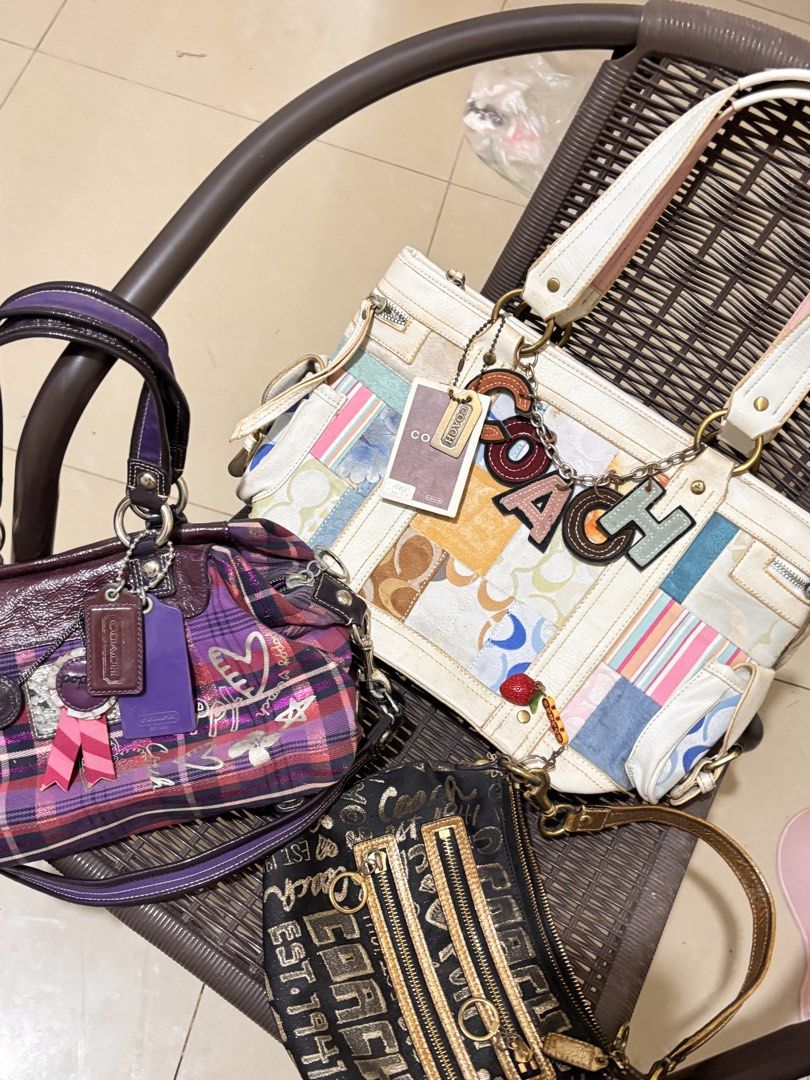 Coach Multi-Bag Bundle Collection Set (Category: Luxury Bags & Wallets) located in Manila. Submitted by newcrystal-b176 (Listing ID 1469525396, Image 3). Description: - Authentic Coach bag bundle (set of 3 distinct styles) - Bag 1: White patchwork tote with colorful signature C panels and chunky chain charm - Bag 2: Purple plaid fabric with glossy patent trim and hanging charms - Bag 3: Black fabric with gold signature lettering and double zip po