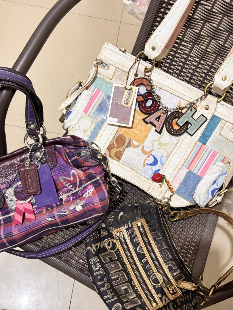 Coach Multi-Bag Bundle Collection Set (Category: Luxury Bags & Wallets) located in Manila. Submitted by newcrystal-b176 (Listing ID 1469525396, Image 2). Description: - Authentic Coach bag bundle (set of 3 distinct styles) - Bag 1: White patchwork tote with colorful signature C panels and chunky chain charm - Bag 2: Purple plaid fabric with glossy patent trim and hanging charms - Bag 3: Black fabric with gold signature lettering and double zip po