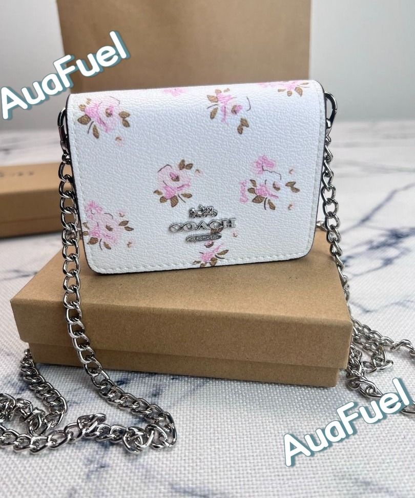 🐱Coach White Pink Floral Rose Print Mini Chain Crossbody Card Wallet ...