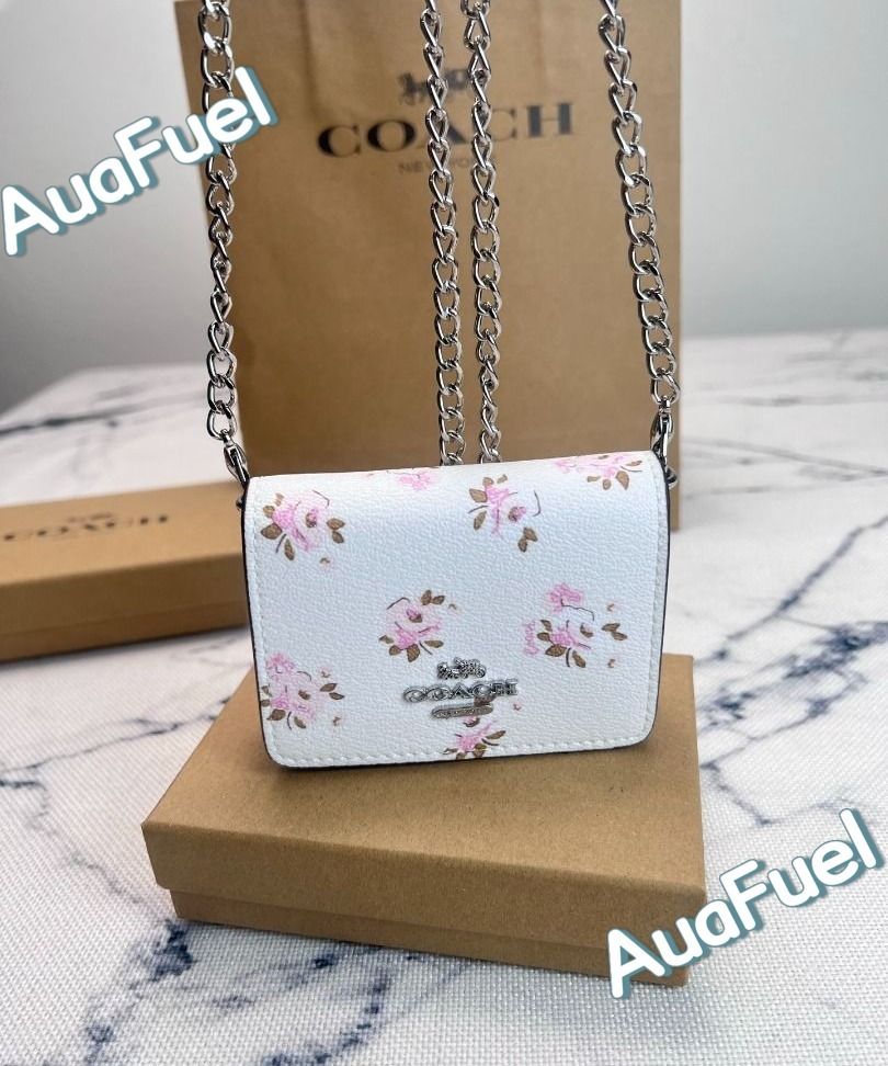 🐱Coach White Pink Floral Rose Print Mini Chain Crossbody Card Wallet ...