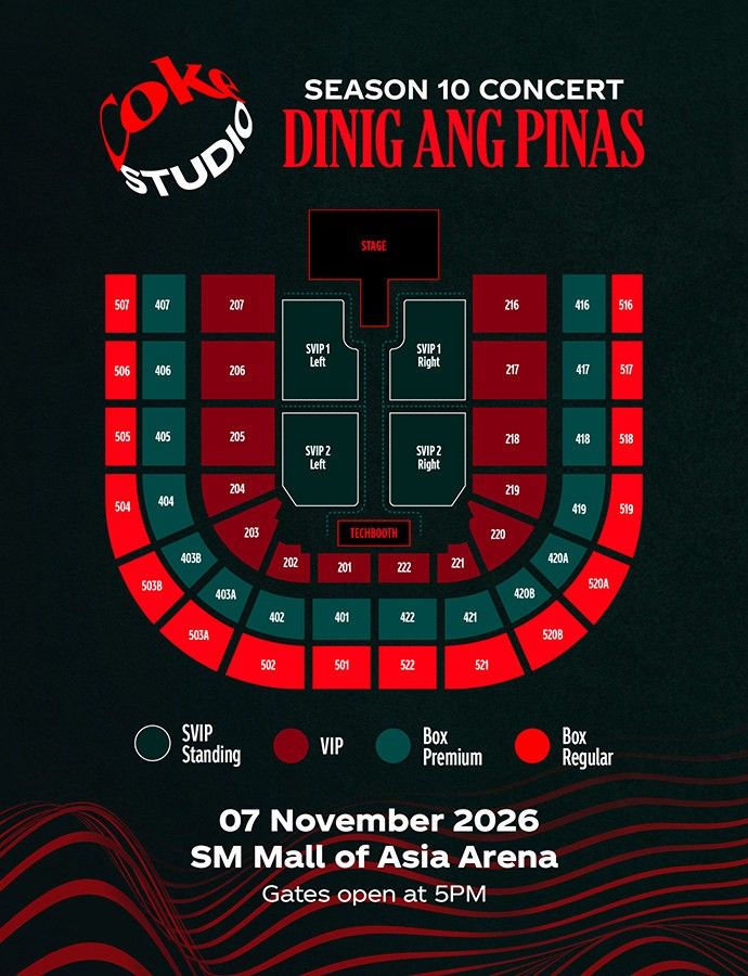 Coke studio VIP tickets (Category: Events Tickets) located in Manila. Submitted by sherwin._ (Listing ID 1469556655, Image 2). Description: - Event: Coke Studio Season 10 Concert - Date: November 7, 2026 - Venue: SM Mall of Asia Arena - Gates Open: 5:00 PM - Lineup: BINI, KZ Tandingan, Ben&Ben, Al James, Earl Agustin, and G22 2 tickets available section 206 row - 19 & 18 ₱3,500 each ₱5,500 for both loc:Las Piñas .