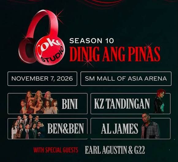 Coke studio VIP tickets (Category: Events Tickets) located in Manila. Submitted by sherwin._ (Listing ID 1469556655, Image 1). Description: - Event: Coke Studio Season 10 Concert - Date: November 7, 2026 - Venue: SM Mall of Asia Arena - Gates Open: 5:00 PM - Lineup: BINI, KZ Tandingan, Ben&Ben, Al James, Earl Agustin, and G22 2 tickets available section 206 row - 19 & 18 ₱3,500 each ₱5,500 for both loc:Las Piñas .