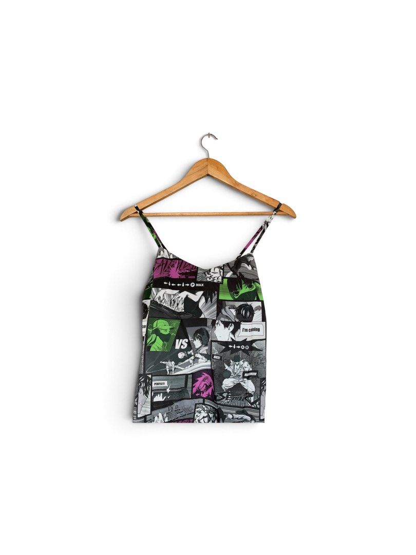 COMIC Print Camisole Spaghetti Strap Mini Dress (Category: Dresses) located in Quezon City. Submitted by chrizcboutique (Listing ID 1469406464, Image 2). Description: Camisole spaghetti strap dress with lace down COMIC print design can fit extra small to small frame with side slit jMeasurements laid in flat armpit to armpit approx 16.5 inches waist approx 17 inches lenght approx 41 inches Condition still in prestine condition like NEW no visible 