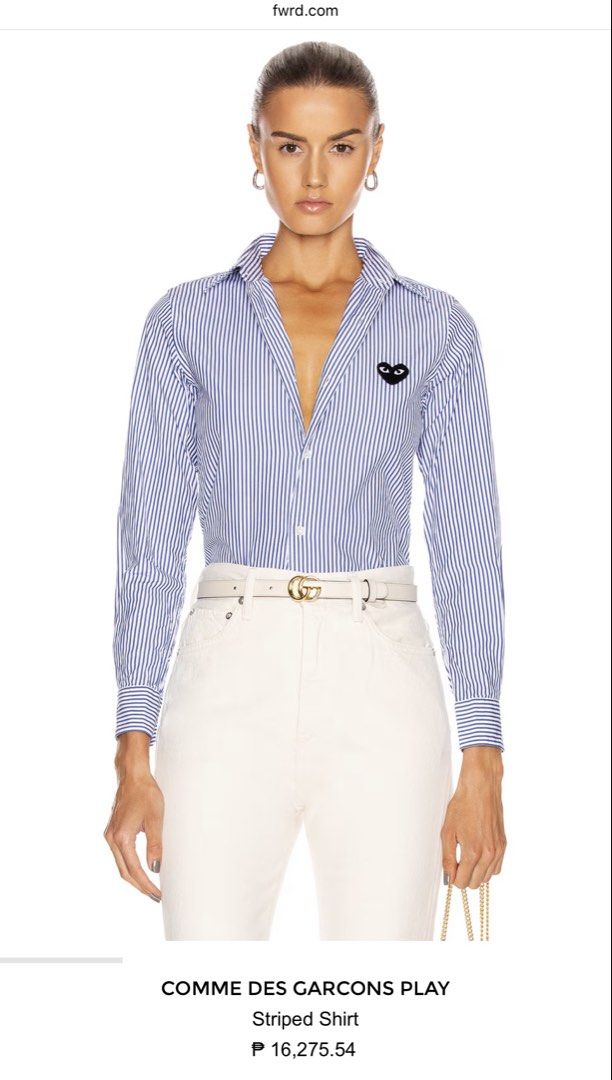 Comme des Garçons Play Striped Shirt (Category: Shirts) located in Manila. Submitted by ilych_ (Listing ID 1469499683, Image 2). Description: - Brand: Comme des Garçons Play - Item: Striped long sleeve button-up shirt with pointed collar - Color: Blue and White - Details: Iconic embroidered black heart patch on the chest - Size: S - Condition: Brand new, original tags attached - Inclusions: Original paper shopping bag included - Guaranteed authen