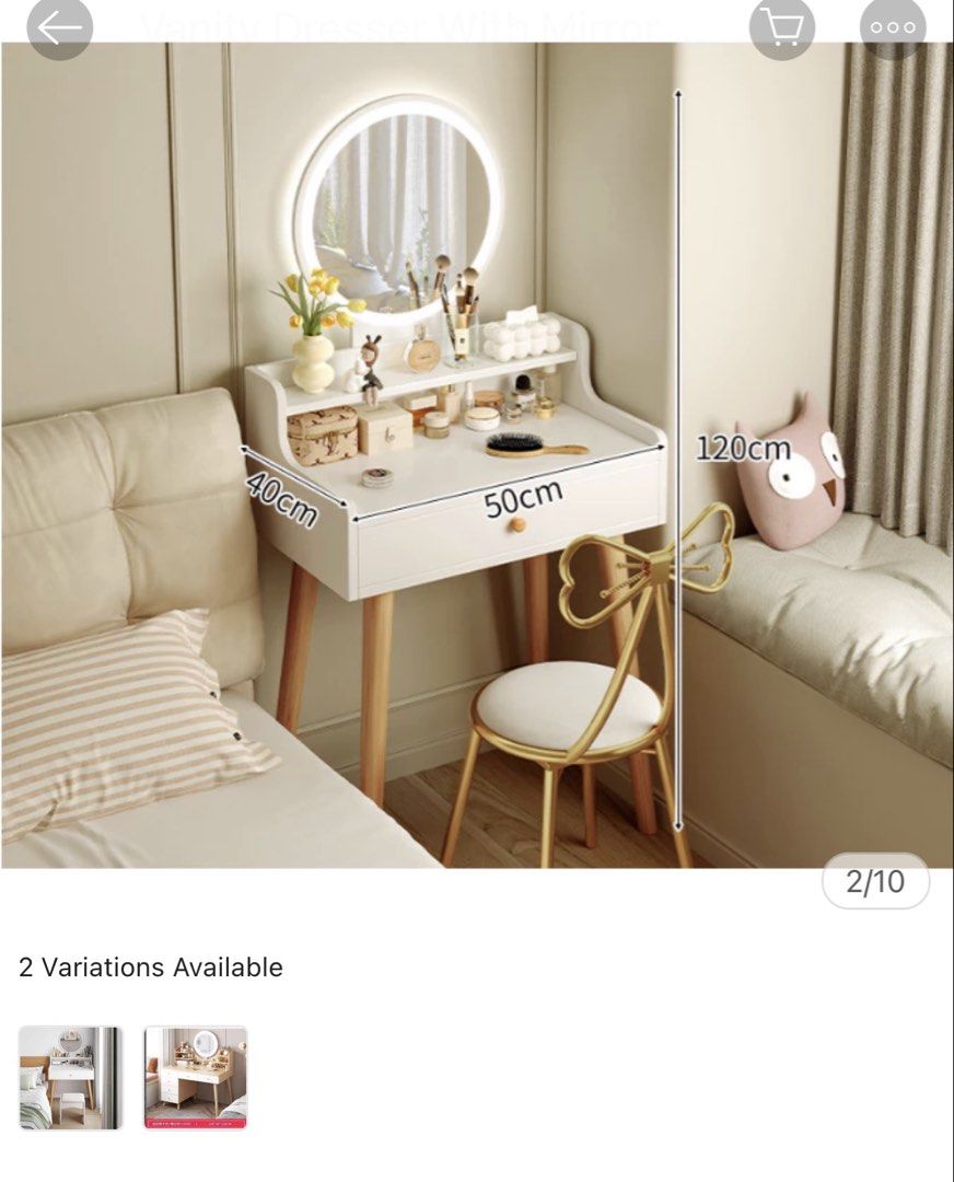 Compact White Vanity Dresser with LED Mirror (Category: Mirrors) located in San Fernando. Submitted by peanutbutter_129 (Listing ID 1469568771, Image 1). Description: - Dimensions: 50cm (W) x 40cm (D) x 120cm (H) - Design: Elegant white table with wooden legs RFS: Declutter Note: Yung led is not functional .