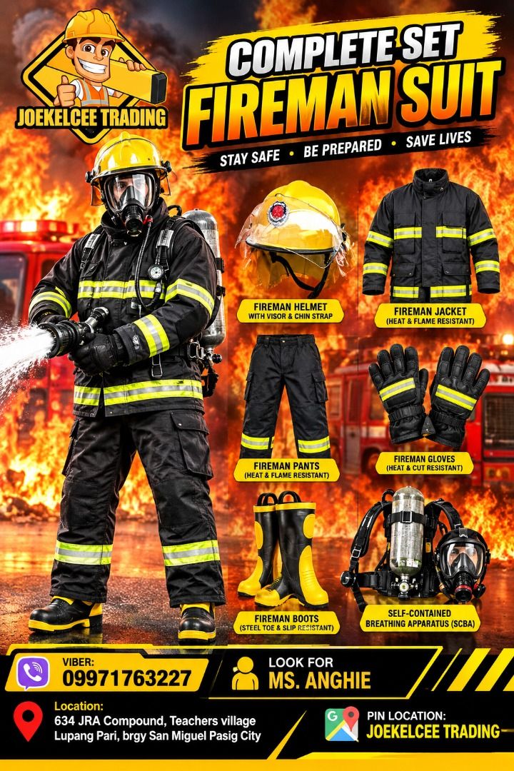 COMPLETE SET FIREMAN SUIT (Category: Coats, Jackets and Outerwear) located in Caloocan City. Submitted by epicdragon.cf8b55 (Listing ID 1469440086, Image 1). Description: COMPLETE SET FIREMAN SUIT - HELMET - GLOVES - BOOTS - BELT .