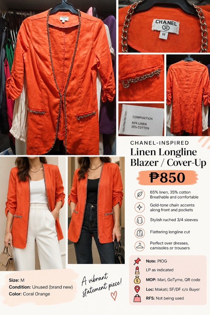 CORAL-ORANGE LINEN LONGLINE BLAZER (Category: Coats, Jackets and Outerwear) located in Manila. Submitted by smartluxeph (Listing ID 1469542553, Image 1). Description: 🧡 CORAL-ORANGE LINEN LONGLINE BLAZER / COVER-UP 🧡 💰 ₱850 | Size M | UNUSED A vibrant statement piece that's classy and easy to dress up! ✨ 🌸 65% linen, 35% cotton — breathable and comfortable ✨ Beautiful gold-tone chain accents along the front and pockets 🧡 Stylish ruched 3/4 s