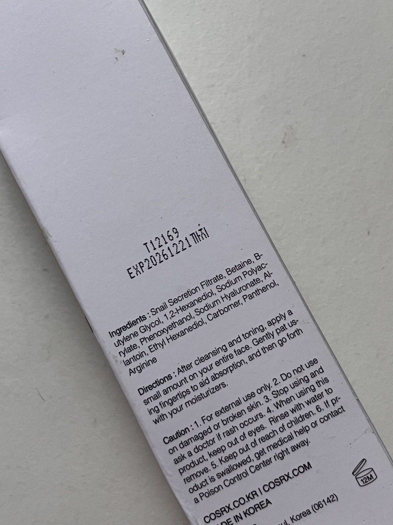 COSRX Advanced Snail 96 Mucin Power Essence (Category: Face Care) located in Cavite. Submitted by lovriace (Listing ID 1469466152, Image 2). Description: EXP : 12/21/2026 - Product: COSRX Advanced Snail 96 Mucin Power Essence - Size: 100ml - Condition: Brand new, unopened box with stamped expiration date - Shelf Life: 12M period after opening - Benefits: Helps skin retain moisture, stay smooth, and glow - 100% Authentic / Trusted Seller.