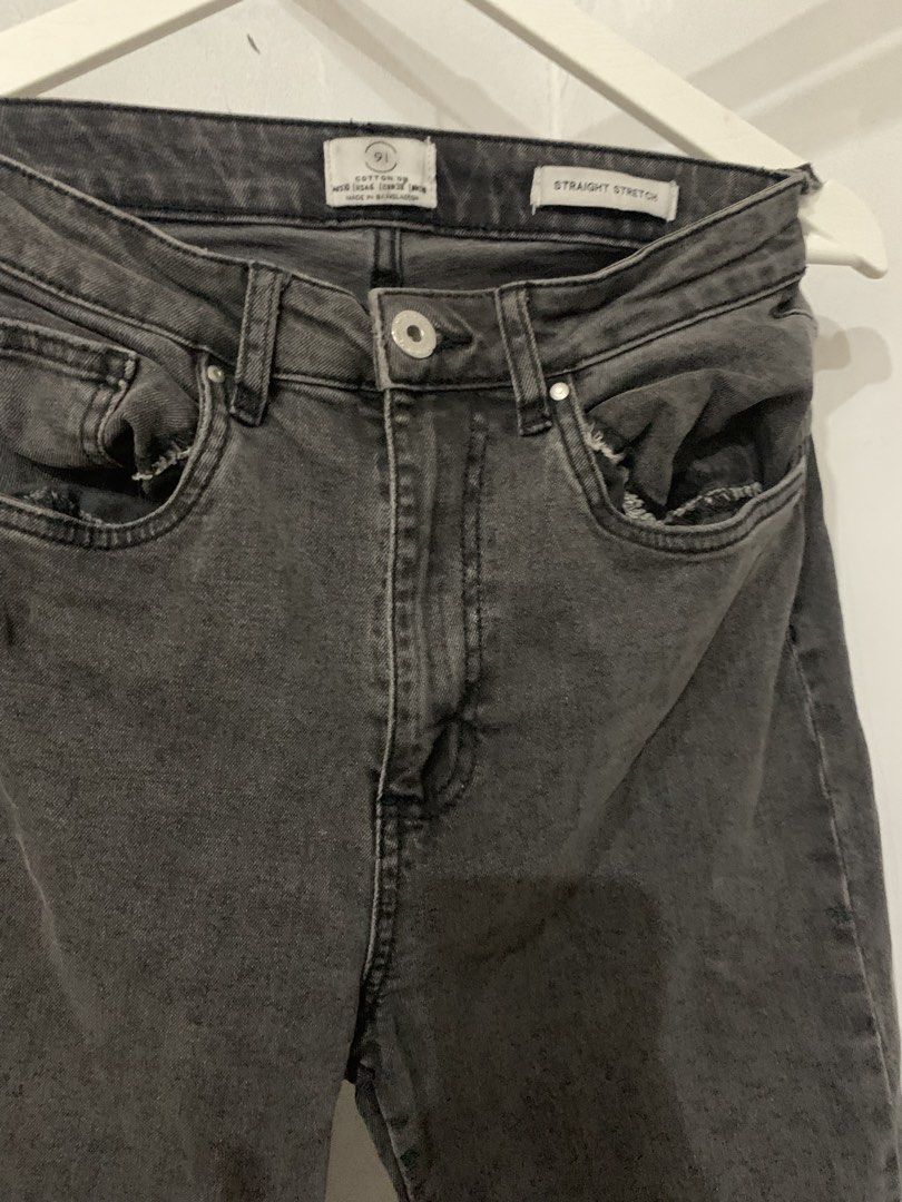 Cotton On Straight Stretch Jeans Washed Black (Category: Jeans) located in Manila. Submitted by spaceshop12345 (Listing ID 1469505938, Image 3). Description: - Brand: Cotton On - Style: Straight stretch jeans in washed black - Details: Classic button closure with zip fly - Accents: Distressed raw edges on front pockets and ankles - Look: Slightly faded vintage wash - Comfort: Super comfortable stretch denim material.