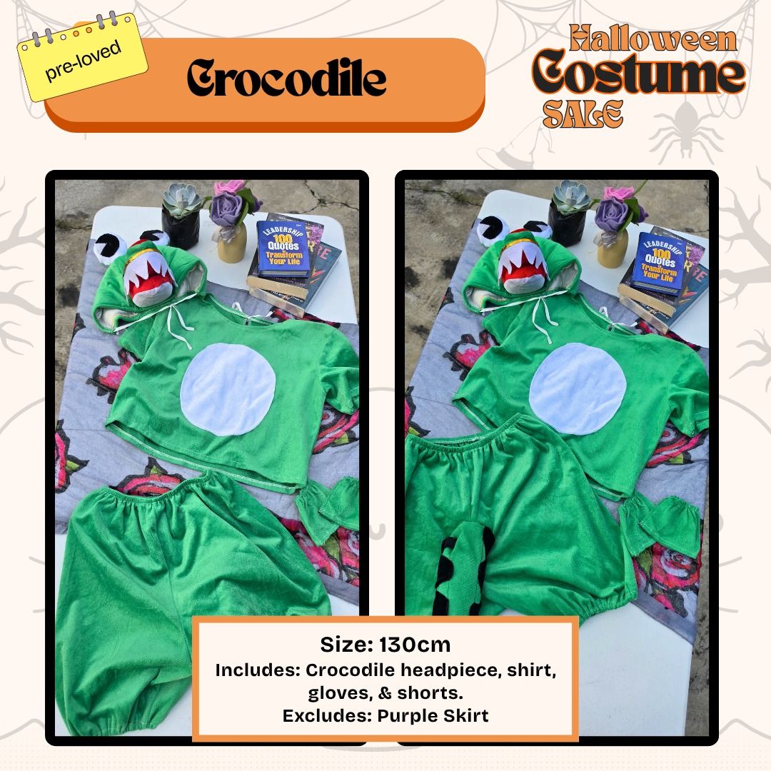 Crocodile Halloween Costume Size 130cm (Category: Babies & Kids Fashion) located in Paranaque City. Submitted by prettykelle (Listing ID 1469412067, Image 1). Description: - Size: 130cm - Color: Green - Includes: Crocodile headpiece, shirt, gloves, and shorts - Note: Purple skirt and green socks are not included - Perfect for Halloween, school plays, and dress-up parties - Originally bought at $h0p33 Location: BLS, Paranaque City MOP: GCash / BPI